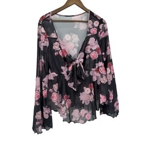 Unbranded XL Pink Rose Mesh Tie Front Flare Sleeve Coquette Baby-doll whimsigoth